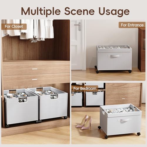 HOUSE AGAIN Shoe Organizer for Closet, 2 Pack Foldable Shoe Storage Organizer Box with Wheels and Adjustable Dividers, Sturdy Metal Frame Fits up to 16-32 Pairs, Large Shoes Storage with Clear Cover - size: 2 Pack