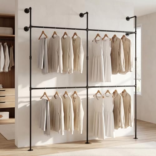 Giantex Industrial Pipe Clothing Rack, 79" Wall Mounted Heavy-Duty Metal Garment Organizer with 4 Hanging Rods, 2-Tier Walk-in Closet System for Wardrobe Closet, Retail Display - size: 79 Inches