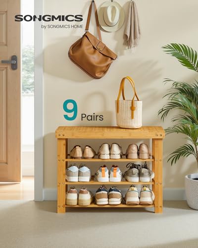 SONGMICS Shoe Rack Bench, 4 Tier Bamboo Shoe Storage Organizer, Entryway Bench, for Living Room, Bathroom, Bedroom, 11.3 x 27.6 x 20.5 Inches, Light Bamboo ULBS370YL01 - color: Light Bamboo, size: 11.3"D x 27.6"W x 20.5"H