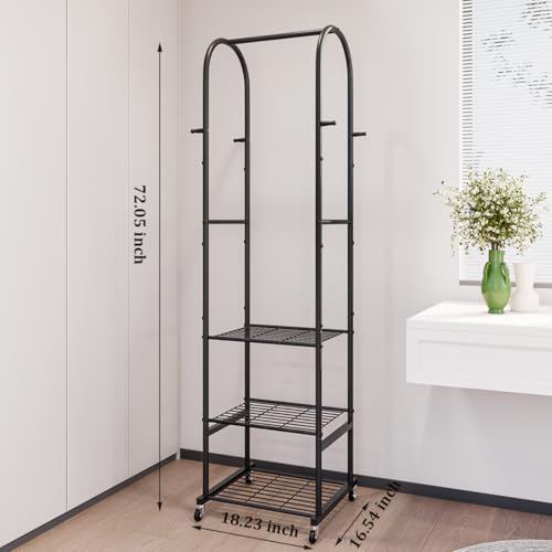 SUOERNUO Clothes Rack With Wheels and 3-Tier Metal Shelves,Clothing Rack For Hanging Clothes With 4 Hooks,Garment Rack Wardrobe Organizer for Small Space,Black (black, 16.54 * 18.23 * 72.05) - color: black