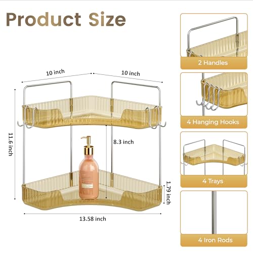 Golden Corner Counter Organizer, 2 - Tier Bathroom & Kitchen Storage Tray with Hooks | PET Vanity Organizer for Skincare, Makeup & Jewelry - color: Gold, size: 2 Tier