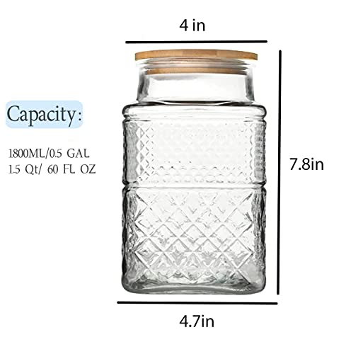 Large Glass Storage Jar, 2 Pack 60 FL OZ Glass Food Storage Containers with Bamboo Lid, Kitchen Laundry Room Organization Decorative Jar for Candy Cookies Coffee Beans Flour Nuts Airtight Glass Jars