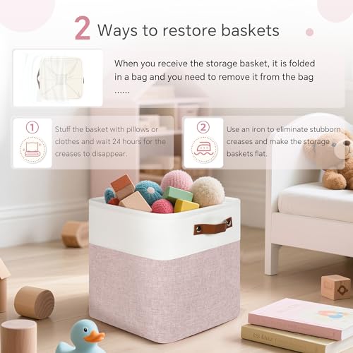 FinishingBo Cube Storage Baskets 6 Pack, 11x11 inch Cube Storage Bins with Leather Handles for Shelf Closet (White/ Pink) - color: White/Pink