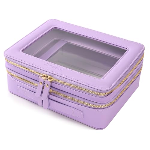 Aveniee Clear Makeup Bags, Double Layer Cosmetic Bags with a Separate Brush Compartment, Large Travel Toiletry Bag Train Case for Women, Travel Accessories Organizer.2 Layers Large, Lilac - color: Lilac, style: Dual Layer Large