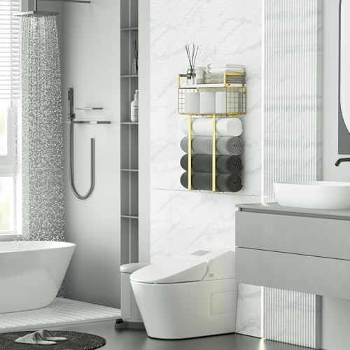 Towel Racks for Bathroom, Bathroom Shelf Over Toilet,Floating Shelves with Towel Rack Paper Holder Storage Basket,Floating Shelves for Wall Decor,Gold - color: Golden, size: Large