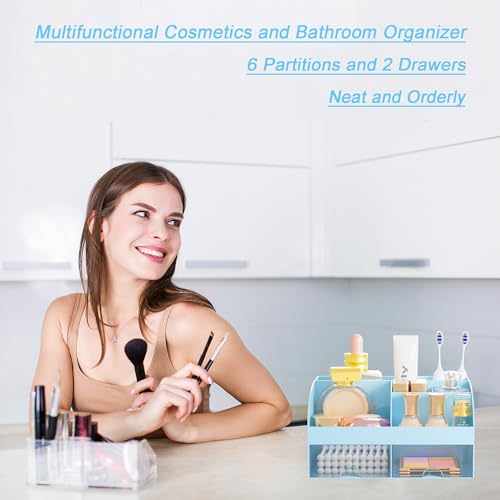 Makeup Organizer with 2 Drawers, Cosmetic Storage for Dresser Vanity and Bathroom Countertop,Make up organization and Skincare Storage with Beauty Brush Holder, Cosmetic Display Case (Blue) - color: Blue