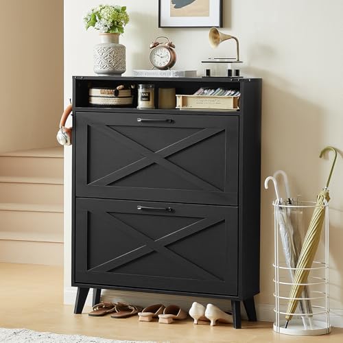 Joaxswe Shoe Cabinet Storage for Entryway with 2 Flip Drawers 2 Hook Open Storage Layer Rack Narrow Organizer Slim Hidden Wood Shoe Cabinet Furniture Black - color: Black