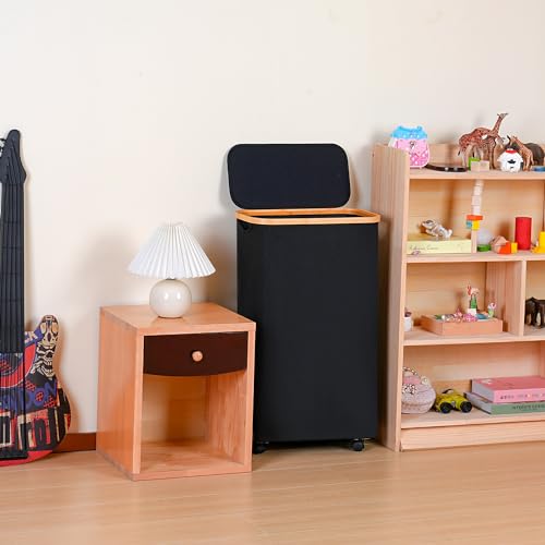 Slim Laundry Basket with Wheels,Narrow Hampers for Laundry,Freestanding Laundry Hamper with Lid&Bamboo Handles,Collapsible & Waterproof Tall Cloth Hamper for Dorm Family(60L Black) - color: Black, size: 60L with Wheels