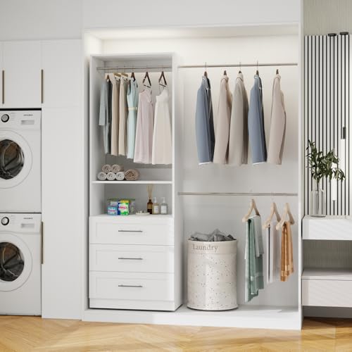 5–9FT Closet System with 3 Wood Drawers, Closet Organizer System with 5 Expandable Hanging Rods, Walk-in Closet System with Shelves, Wall Mounted Built-in Closet Organization System