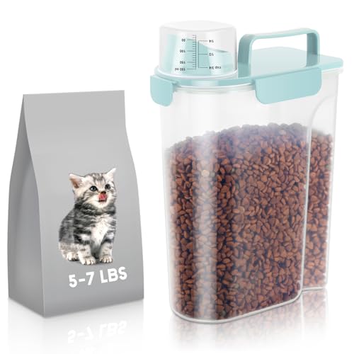 5-7Lbs Airtight Cat Dog Food Storage Container Portable with Upgraded Large Spout and Cup, Plastic Pet Dispenser for Small Animal Kibble, Bird Seed, Oatmeal, Rice, Flour, Brown Sugart-Sky Blue - color: Sky Blue, size: 5L-1pack