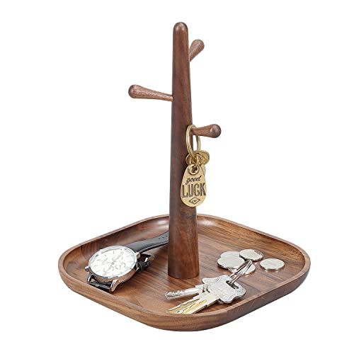 3 Tiers Wooden Key Holder with Tray,Wood Decorative Organizer in Entryway for Keys, Wallet and Small Stuff, Jewelry Hanging Stand Display on Dresser (Walnut) (3 Tiers)