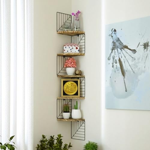 Love-KANKEI Corner Shelf Wall Mount of 5 Tier Rustic Wood Floating Shelves Wall Shelves for Bedroom Living Room Bathroom Kitchen Office and More Carbonized Black - color: Carbonized Black