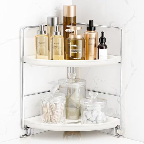FSyueyun 2-Tier Corner Bathroom Counter Organizer, Tool-Less Installation Vanity Shelf Small Plastics Countertop Makeup Tray Skincare Perfume Organizers (Silver) - color: Silver