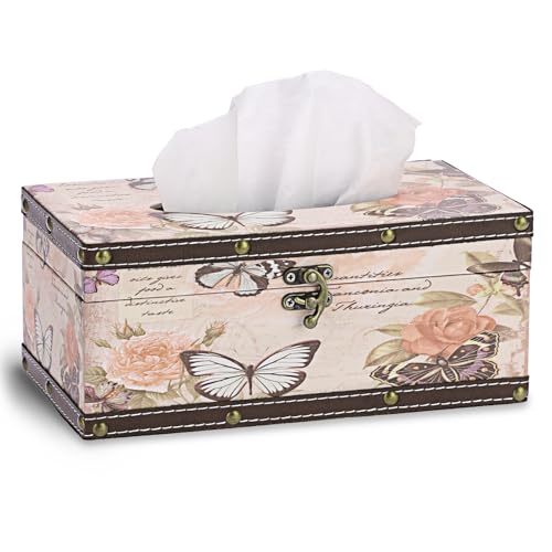 Vintage Tissue Box Cover, Wood Rectangular Tissue Box Holder, Decorative Butterflies Faux Leather Tissue Holders for Table Bathroom Living Room Kitchen Office Car Home Decor, Distressed Pink - size: Medium