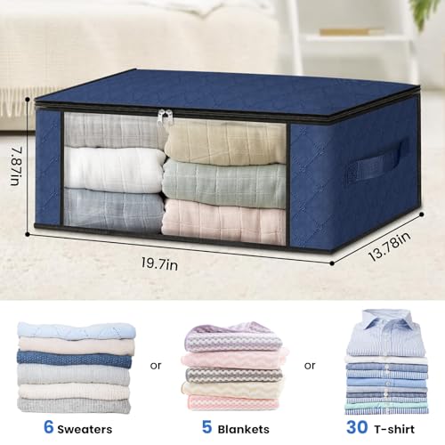HomeHacks Storage 3-Pack Clothes Organizer Storage Bags Foldable Storage Box with Large Clear Window Sturdy Handles for Closet, Dorm, Pillows, Bedding, Clothes, Blankets, 35L, Blue - color: Blue