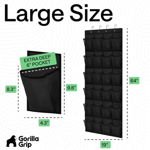 GORILLA GRIP Over the Door Shoe Organizer, 24 Extra Large Breathable Mesh Pockets, Space Saving Hanging Storage Holder, 4 Hook Closet Rack Hanger, Hangs on Closets for Shoes and Accessories, Black - color: Black, size: 24 Extra Large Pockets/4 Hooks