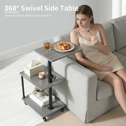 360° Swivel Side Table with Storage, Height Adjustable, Smooth-Rolling Wheels, C-Shaped End Table for Couch/Sofa, Recliner, Living Room, Grey Walnut-Look - color: Grey Walnut - Look