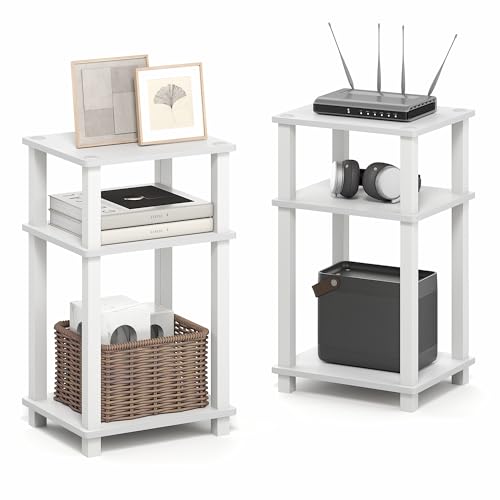 Furinno JUST Side Table Set of 2, 3-Tier Open Shelf Modern End Table, Toolless Assembly Night Stand, Bedside Table with Square Tube, for Living Room, Bedroom, White - color: White/White, size: 3-Tier, Square Pole, style: 2-Pack