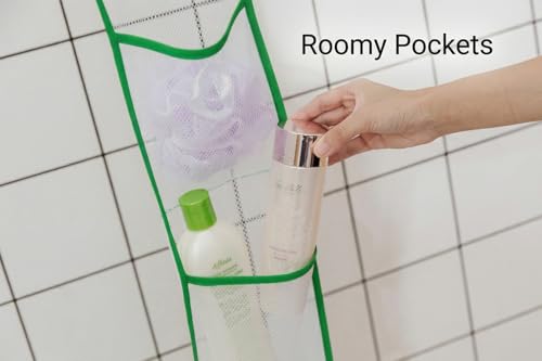 ALYER Narrow Mesh Fabric Shower Caddy Organizer with Hanger,Hanging Mesh Pockets for Shampoo, Conditioner, Soap and Body Wash (Green) - color: Green-hanger