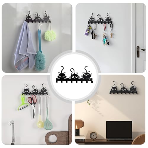 Key Holder Wall Mounted with Screws and Anchors, Black Multifunctional Key Hanger with 8 Hooks, Entryway Front Door Kitchen Hallway Garage Office - color: 3 Cats Black