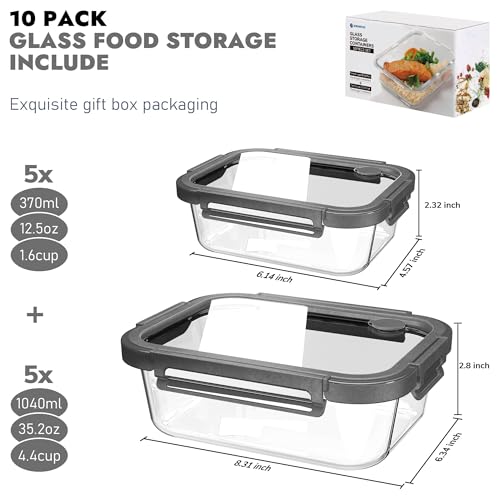 10-Pack Glass Food Storage Containers with Tempered Lids – Borosilicate, Airtight, Oven-Safe (-4°F~950°F), BPA-Free, 4.4 & 1.6 Cup, Leak-Proof, Dishwasher Safe (Gray) - color: Tempered Lids Gray, size: 4.4Cup*5 & 1.6 Cup*5