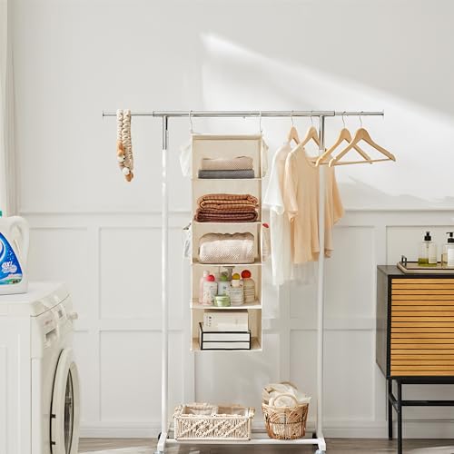 MAX Houser 5 Shelf Hanging Closet Organizer, Space Saver, Cloth Hanging Shelves with 4 Side Pockets, Foldable, Beige - color: Beige-6