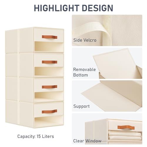 DIMJ Closet Organizers and Storage - Fabric Bins with Drawers for Closet Foldable Clothes Organizers with Clear Window, Stackable Storage Drawers Units for Bedroom, Living Room, Medium 6-Pack, Beige - color: Beige, size: Medium - 6 Pack