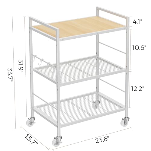 3-Tier Metal Storage Rack with Industrial Wheels,Mesh Shelving Unit with Wooden Table top,Adjustable Shelf,23.6-Inch Width,15.8-Inch Depth, for Kitchen, Laundry,Pantry,Plant,white - color: Oak Panel, size: 3 Tier (23.6"W x 15.8"D)