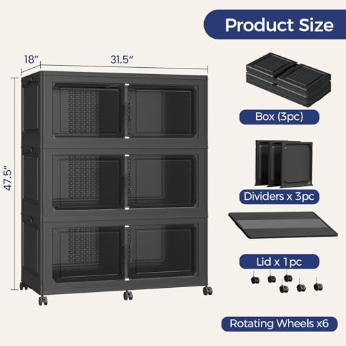 150GAL Storage Bins with Lid and Wheels, Stackable Closet Organizers and Storage Drawer, Collapsible Storage Box with Dividers, Foldable Plastic Cabinets for Room, Kitchen, 3 Pack Black - color: Black, size: 50Gal-3Pack