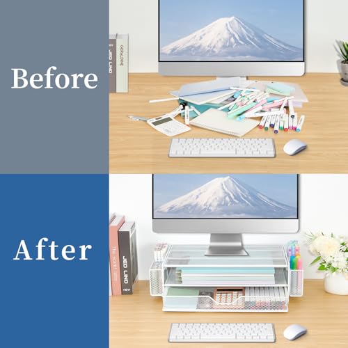 AUPSEN Computer Monitor Stands Riser，2-Tier Desk Organizers and Accessories, Office Desk Accessories Organizer with Drawers and 2 Pen Holder for Office Supplies (White) - color: White Metal