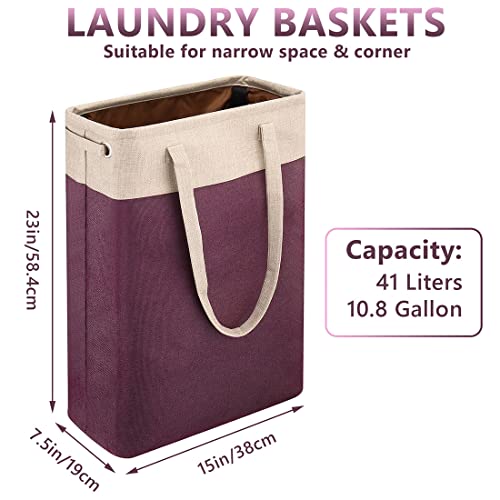 i BKGOO Laundry Basket with Handles Beige&Burgundy Slim Laundry Bin Collapsible Dirty Clothes Basket Narrow Laundry Bag Foldable Dirty Hamper for Camping, Dorms, Apartments - color: Beige&Burgundy