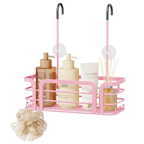 SWTYMIKI Shower Caddy Hanging Organizer - Over the Door Shower Caddy with 6 Hooks, 2 Installation Ways, Stainless Steel Rustproof Bathroom Organizer, Pink Small - color: Pink-1 tier