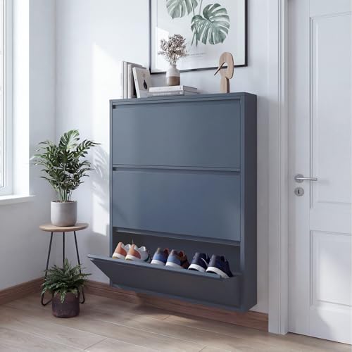 LUCYPAL Shoe Storage Cabinet with 3 Flip Drawers,Freestanding Organizer Metal Wall Shoe Cabinet for Entryway, Narrow Shoe Rack Cabinet for Living Room,Blue - color: Blue, size: 3 Flip Drawers