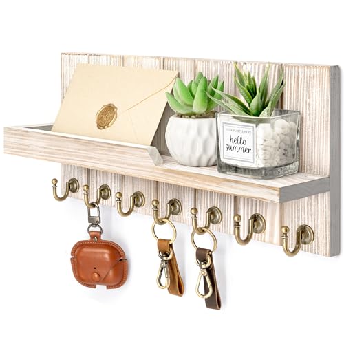 Rebee Vision Farmhouse Key Holder Wall Mount with Mail Organizer - Rustic Key and Mail Holder for Wall with Shelf and 7 Key Hooks - Wooden Apartment Essentials for Room Decor (Natural Wood,15-inch) - color: Natural Wood, size: 15-inch