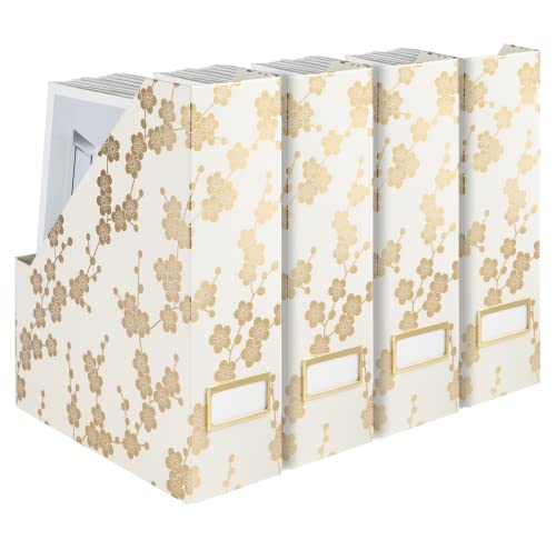 BLU MONACO | Set of 4 Foldable Magazine Storage Boxes with Gold Floral Pattern | Decorative Vertical File Organizers with Gold Label Holders for Desk, Shelves & Home Office - color: Floral Gold