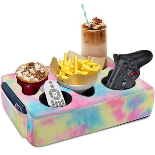 Couch Cup Holder Pillow, 5 Hole Couch Drink Holder! Keep Drinks Hand Side and Keep Temp, Prevent Spills and Use Anywhere. Cup Holder for Couch, Bed, Camping, RV, Car, Beach. Pink Blue Yellow - color: Pink Blue Yellow