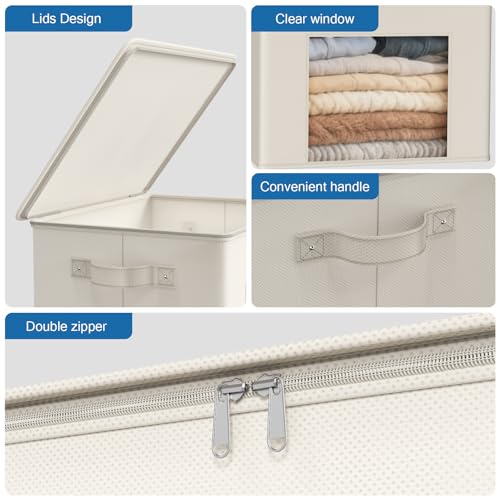 Zilink Fabric Storage Bins with Lid 4-Pack Stackable Cloth Storage Bins Sweater Organizer with Zipper & Clear Window Closet Organizers and Storage Box for Home, Office, Bedroom (Beige,17" x 12" x 12") - color: Beige