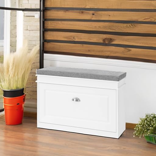 Haotian Shoe Storage Bench with Cushion, White Narrow Shoe Rack for Entryway, Small Shoe Cabinet with Flip-Drawer, Closet Hallway Mudroom FSR82-L-W - color: White, size: 1 Drawer:29.5x9.4x20"