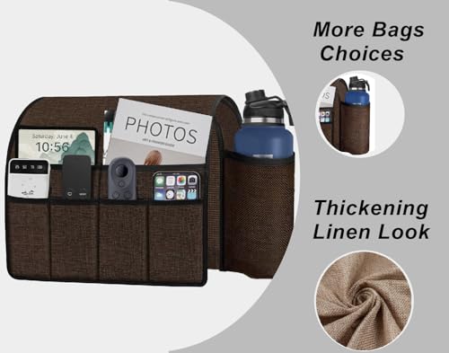 Ntomtuex Sofa Armchair Caddy Remote Control Holder with Water Bottle for Couch Recliner, Armrest Organizer with 7-Pocket Design for Magazines, Eyeglasses, iPad, Phone, Brown - color: Brown