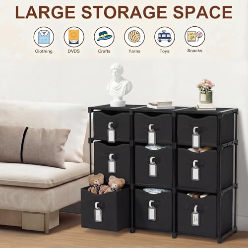 9 Cube Storage Organizer Shelf with Storage Bins and Label, 11 Inch Toy Cube Bins Clothes Closet Organizers Drawers Fabric Dresser for Living Room, Bedroom, Playroom, Dorm(Black) - color: Black