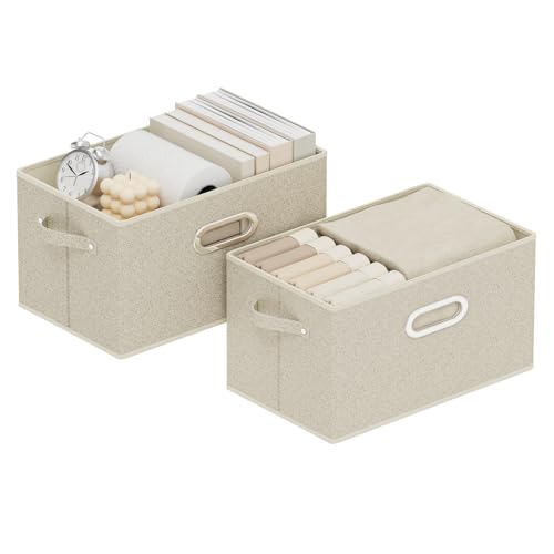 Open Storage Baskets, Collapsible Cube Bins, Fabric Container Organizer with Metal Handles, Boxes for Shelves, Closet, Living Room, 13x9.1x7.9in, Grey and Beige, 2 Pack - color: Beige/Gray, size: 13x9.1x7.9 in(2 Pack)
