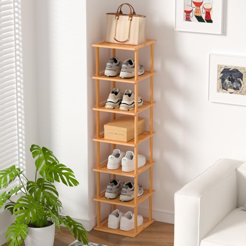 MHXW SXPN Bamboo Free Standing Shoe Rack Shelf Multi Tier Tall Wooden Stackable Shoes Rack Organizer for Closet Front Door Entrance Narrow Vertical Shoe Storage (Nature, 7 Tiers) - color: Nature, size: 7 Tiers