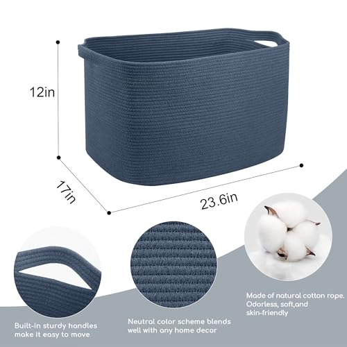 MEGASKET Extra Large Rectangle Storage Basket, 23.6" x 17" x 12" Dark Blue Blanket Storage for Living Room, Large Woven Cotton Rope Storage Box, Soft Kids Toy Basket Organizer Bin, Big Wicker Basket - color: Dark Blue, size: 23.6"x17"x12