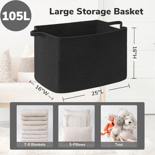 Goodpick Large Woven Storage Basket, 105L Extra Large Blanket Basket for Living Room, Bedroom, Rectangle Cotton Rope Organizer for Toy Storage, 25”x16”x16”, Black - color: Black, size: XX-Large(25"L x 16"W x 16"H)