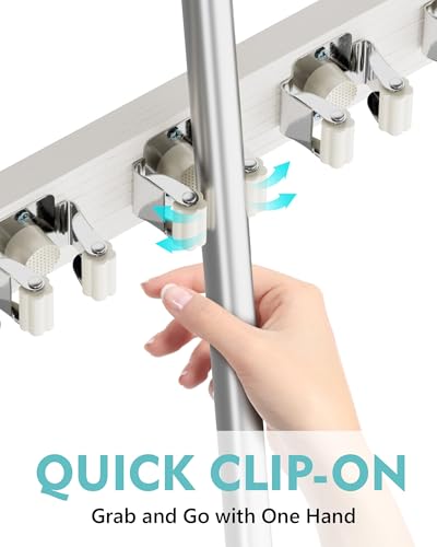 Mop and Broom Holder Wall Mount, No Drill Over the Door Broom and Mop Holder with 4 Slots and 4 Hooks, Wood Tool Hanger for Laundry, Cabinet, Kitchen, Garage - color: White