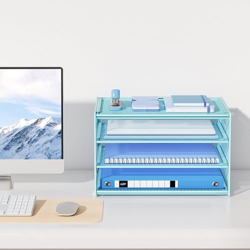 Lavatino 3-Tier Letter Tray Desk Organizer, Mesh Metal Paper File Tray Organizer for Desk, Office Supplies & Home Organization, Fits A4 Paper, Mail, Magazines & Office Accessories (Blue with Handle) - color: 4-tier With Handle - Blue