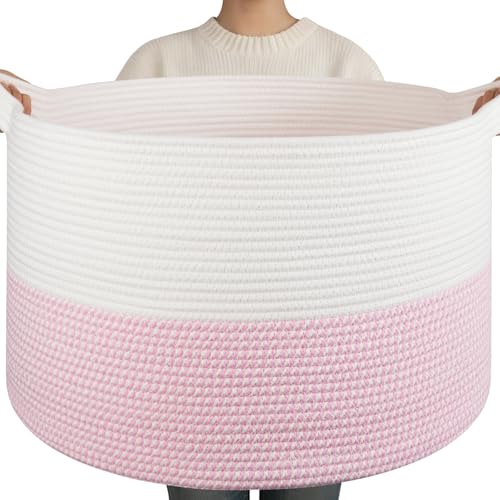 OIAHOMY 90L XXXLarge Blanket Basket for Living Room, 21.7" x 13.8" Woven Cotton Rope Laundry Basket for Organizing Pillows, Decorative Stuffed Animal Toy Storage Bin for Nursery, White and Pink - color: White and Pink, size: 21.7"D x 13.8"H