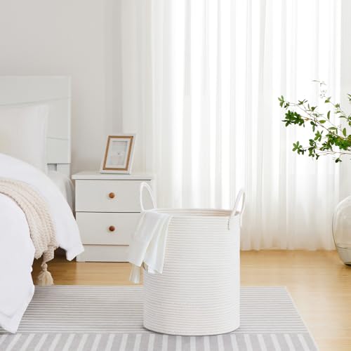 VIPOSCO Large Laundry Hamper, Tall Woven Rope Storage Basket for Blanket, Toys, Dirty Clothes in Living Room, Bathroom, Bedroom - 53L White - color: White, size: 53L