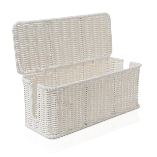 Cable Management Box, Handmade Rattan Cable Organizer with 2 Open Slots, Cord Hider for Power Strip, Router & USB Hub, Registered U.S. Design Patent (D1,112,102), 13" x 5.1" x 5.1", White - color: White, style: Rectangle