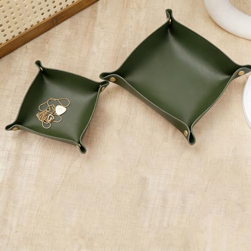 2 Size PU Leather Valet Trays,Square Desk Organizer Catchall Tray Set,Folding Travel Organizer,Jewelry Key Cosmetic Storage Tray for Entryway Dresser Desktop(Green) - color: Green